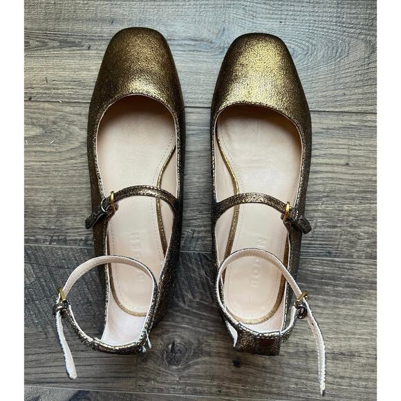 Boden Gold Cracked Leather Ankle Strap Mary Jane Flats 7 - Picture 1 of 9